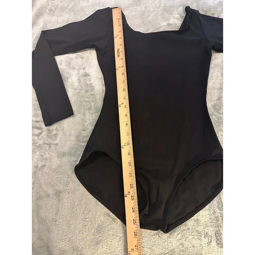 Black Bodysuit Leotard Scoop Neck Long Sleeve Stretchy Nylon Spandex Gymnastics